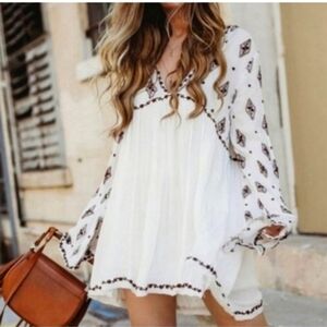 Free People Diamond Mini Dress Embroidered Fringed Bell Sleeves Keyhole Back